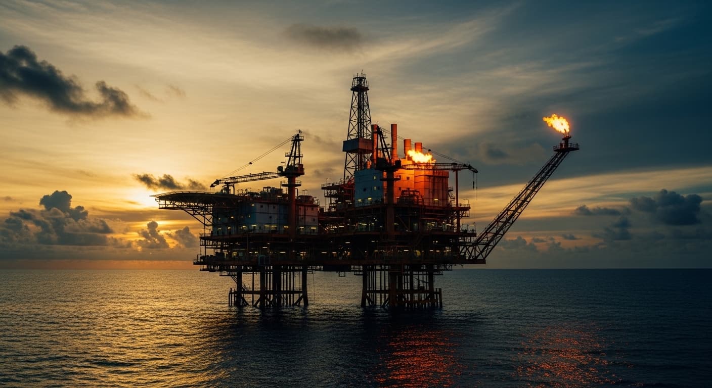 Offshore oil and gas production platform at sunset in the Guyana–Suriname Basin