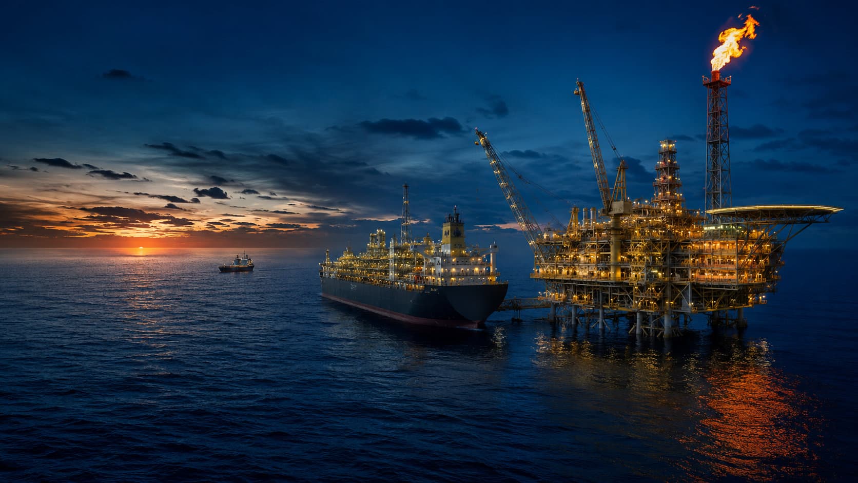 Offshore oil and gas platform and FPSO vessel at dusk off the coast of Suriname