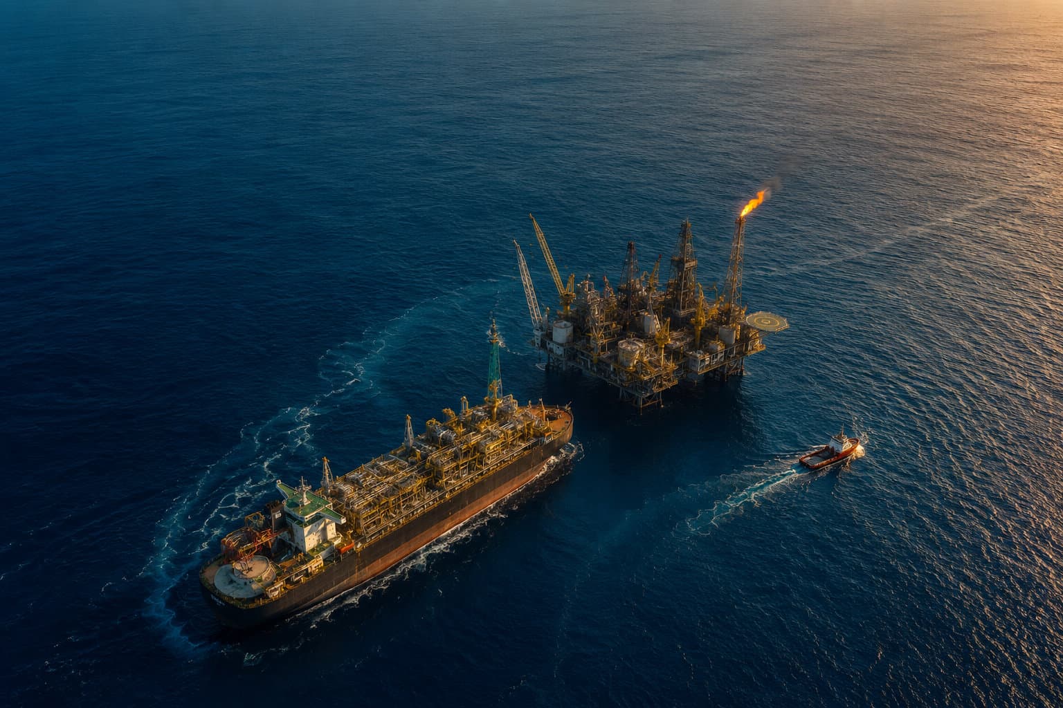 Aerial view of an FPSO vessel in the Guyana–Suriname Basin